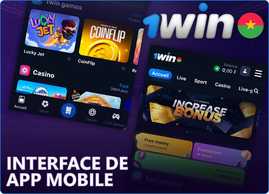 Interface de l'application 1Win pour les joueurs du Burkina Faso