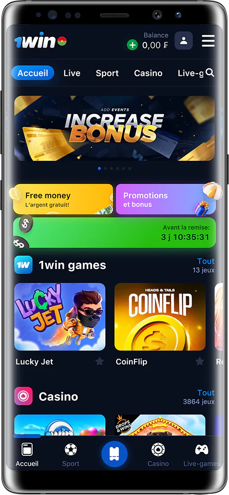 Capture d'écran de la page d'accueil de l'application 1Win