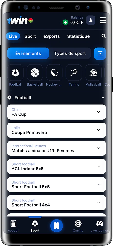 Capture d'écran de la section sportive de l'application 1Win