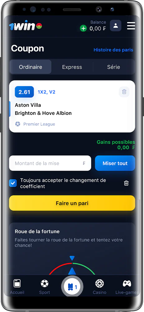 Capture d'écran de la liste des paris dans l'application 1Win