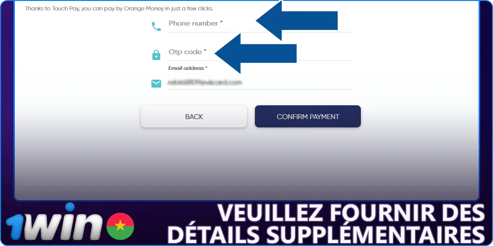 Entrez des détails supplémentaires pour déposer sur 1Win