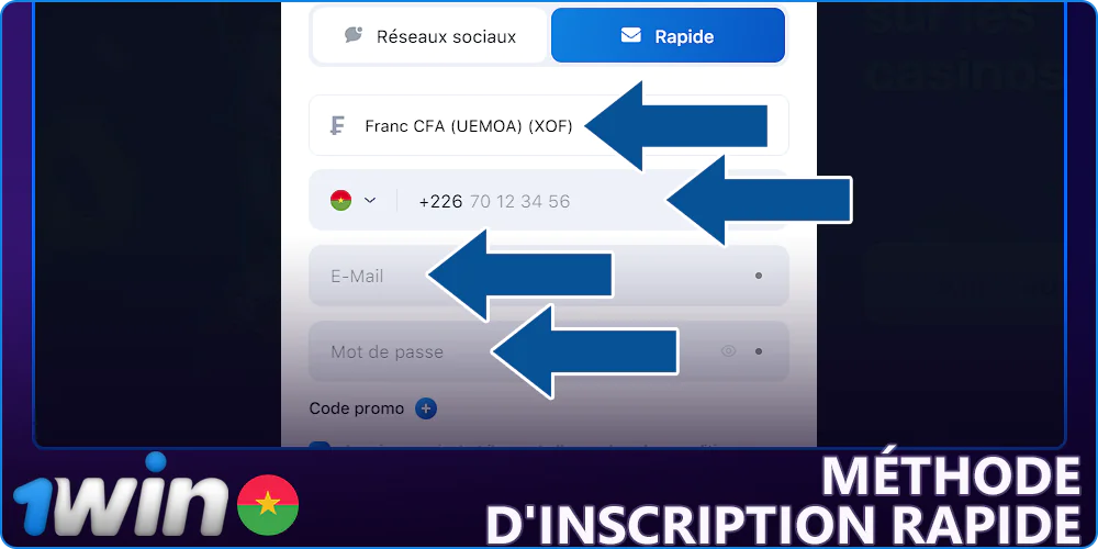 Spécifier les données pour la méthode d'enregistrement rapide sur 1Win