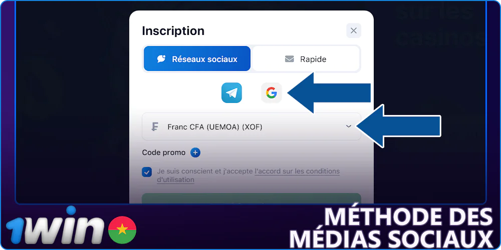 Saisissez vos coordonnées lorsque vous vous inscrivez à 1Win via les médias sociaux