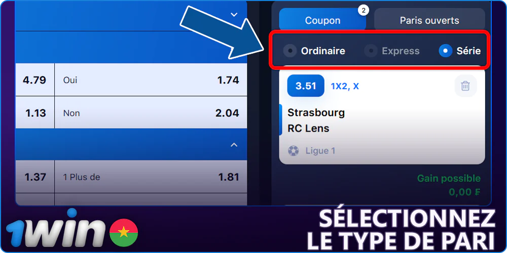 Choisissez votre type de pari sur 1Win